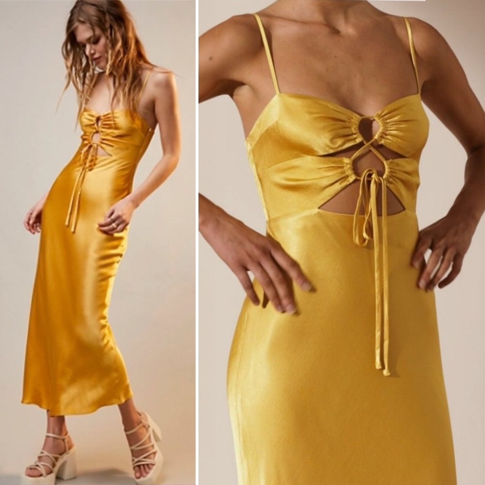 Shona Joy Alma Lace Up Midi Dress Gold Bias Cut Slip Size Small - Picture 2 of 15
